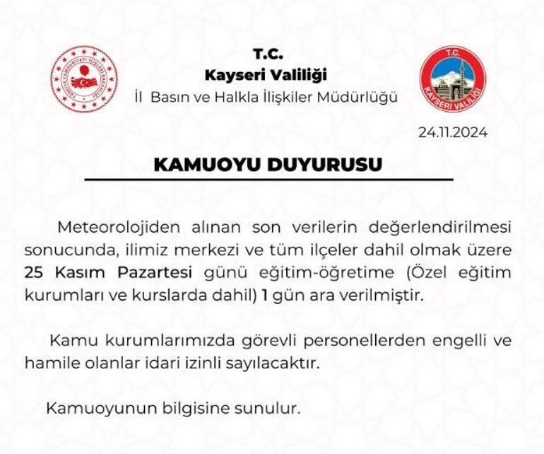 Kayseri'de Kar Tatili